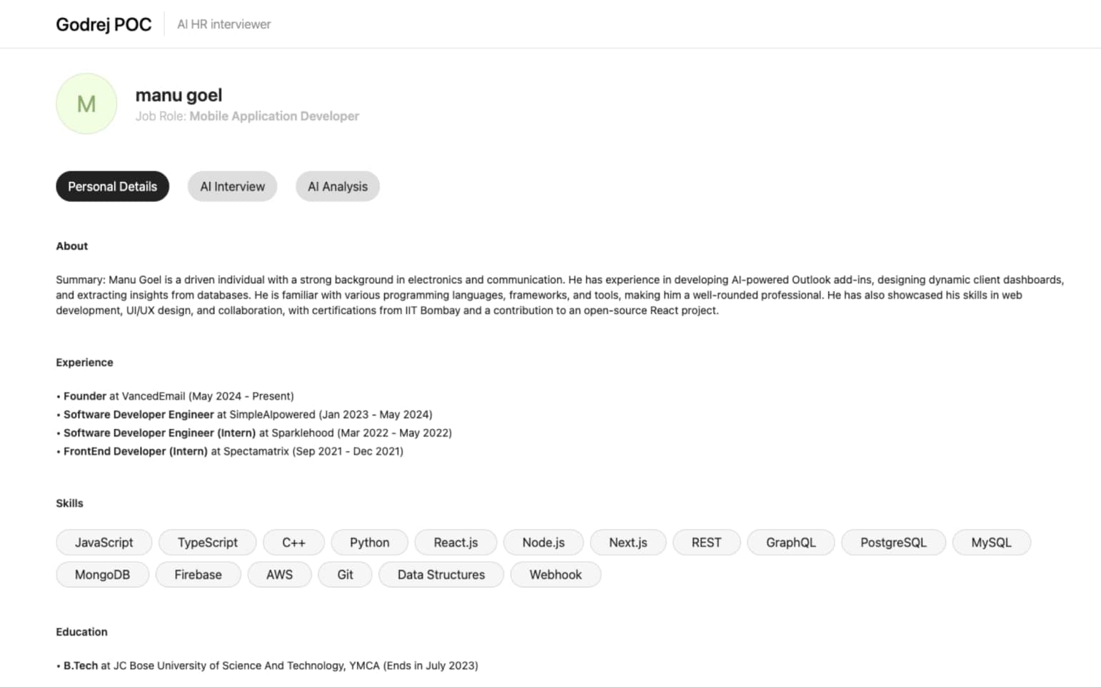 HIRING SCREENER — CANDIDATE UI